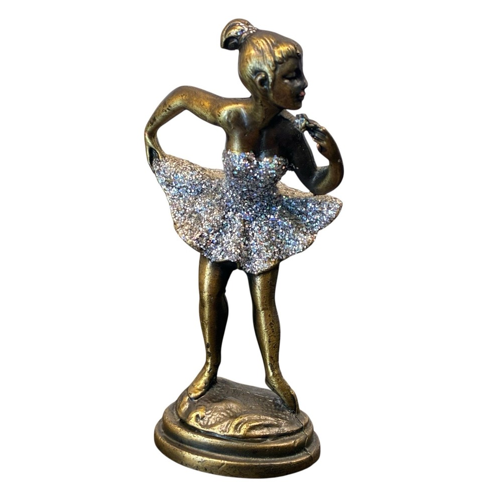 Vintage Ballerina Glitter Figurine Cast Metal Brass Tone Finish Ballet Dancer 4"